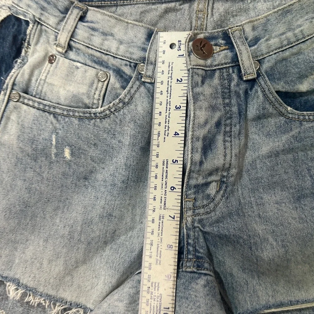 One x OneTeaspoon Denim Shorts Saints 25 Blue Distressed Two-Tone Raw Hem Grunge
